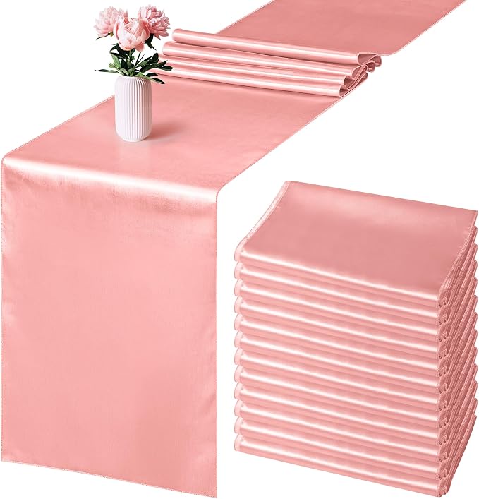 Aneco 4 Pack Satin Table Runner 12 x 108 Inch Long Bright Silk and Smooth Fabric Party Table Runner for Wedding Banquet Party Decoration- Rose Gold