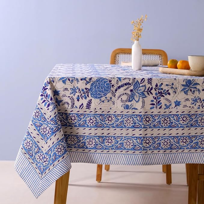 Hand Block Printed Tablecloth, Colorful Floral Print, Indian Artisan Handmade Art, Dining Room, Kitchen, Outdoor Décor, (Bluebell Delight, 6 Seater 60 x 90 Inches Rectangle)