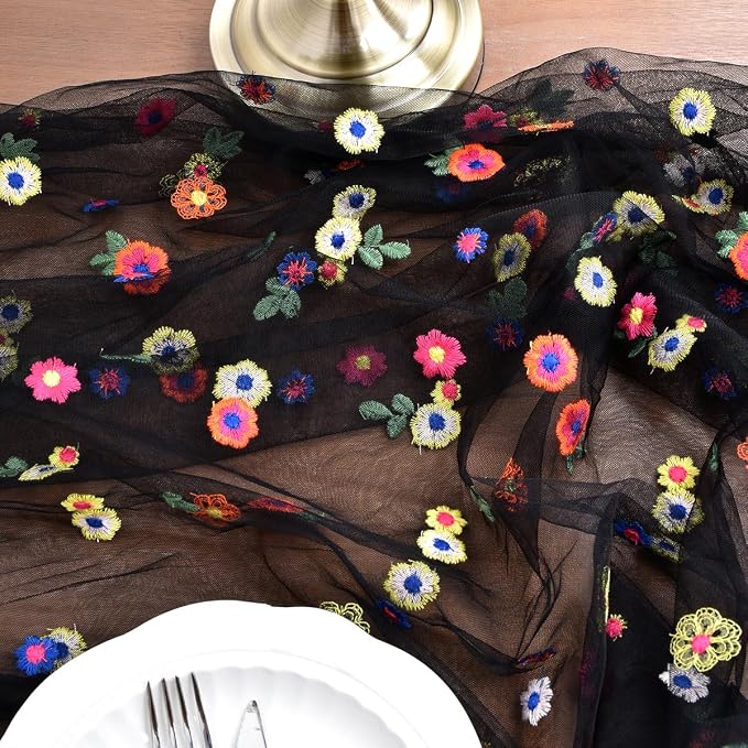 Joanlody Black Summer Flower Table Runner 10ft Embroidery Daisy Floral Seasonal Tulle Table Runner for Home Garden Tea Party Holiday Birthday Decoration