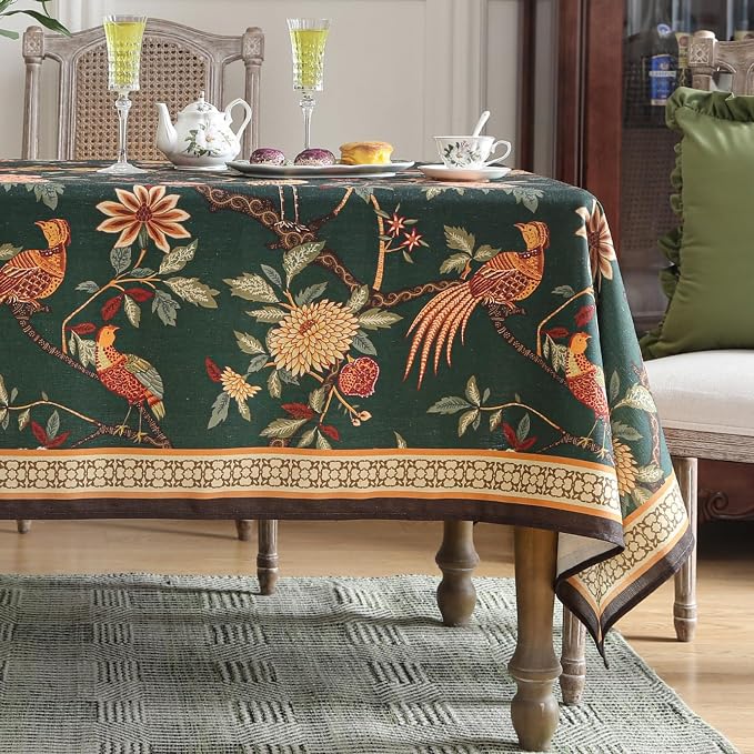 ISAENNE Designer Linen Green Rectangular Tablecloth,94"x63"-Mitchell | Vintage Elegant Table Cloth Rectangle Table,Floral and Bird Pattern,Heavy,Dining Room,Kitchen,Tea Party,Thanksgiving,Decor