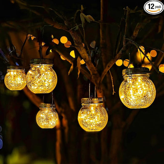 Cooo 12 Pack Crackle Glass Solar Lantern with 30 LED Firefly Lights– Waterproof Outdoor Hanging Lamp 215% Larger Solar Panel, Anti-Rust Lids Decorative Lighting for Garden Patio Table