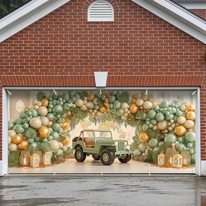 Happy Birthday Garage Door Banner Cover 7x16FT Waterproof –Jeep & World Map Backdrop with Green Gold Balloons,Indoor Outdoor Decor for Baby Shower,1st Birthday,Travel Themed Party & Photo Booth