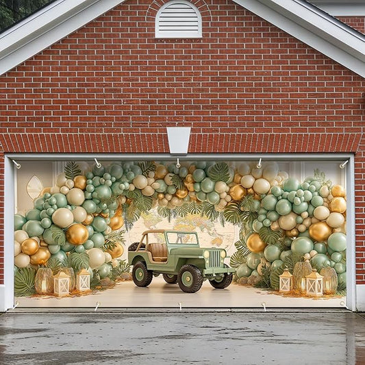 Happy Birthday Garage Door Banner Cover 7x16FT Waterproof –Jeep & World Map Backdrop with Green Gold Balloons,Indoor Outdoor Decor for Baby Shower,1st Birthday,Travel Themed Party & Photo Booth