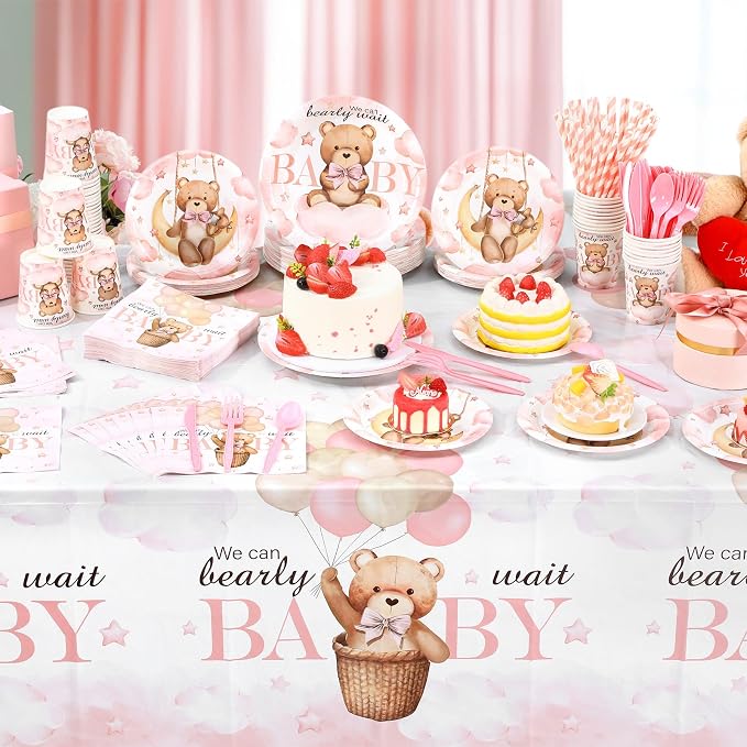 Funnymoom 452 Pcs 50 Guests We Can Bearly Wait Baby Shower Decorations Girl, Blue Baby Girl Shower Paper Plates Napkins Cups Tablecloth Cutlery Straws Tableware Set for Gender Reveal Party Supplies