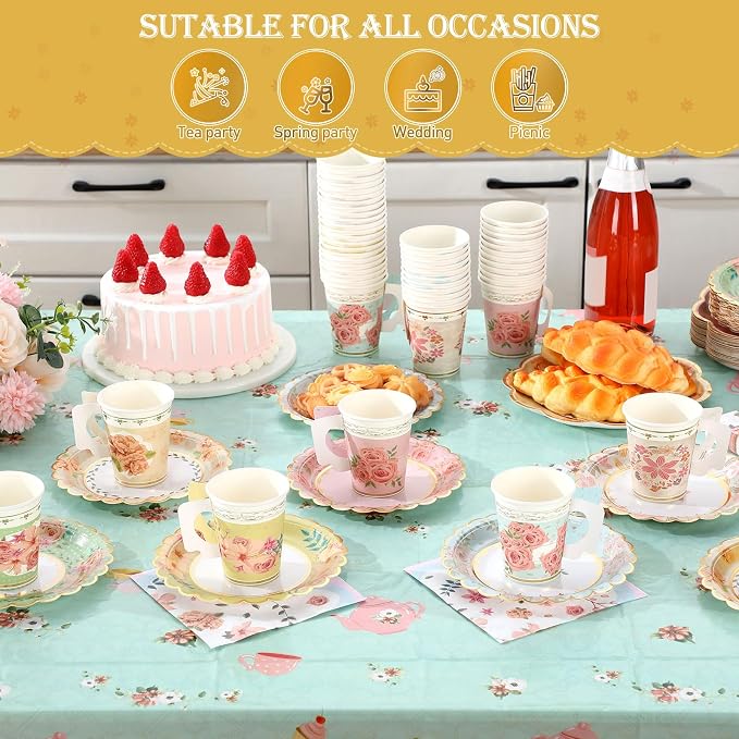 Yungyan 97 Pcs 24 Guests Tea Birthday Party Supplies Disposable Tableware Set 9 oz Paper Tea Cups with Handle 7" 9" Paper Plates Napkin Tablecloth for Floral Party Wedding Baby Shower (Classic Style)
