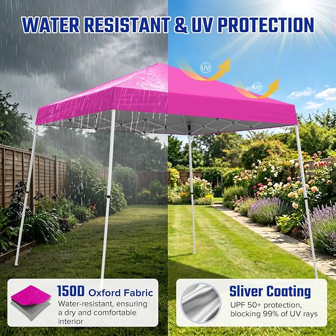 10x10 Pop Up Canopy Tent with Carry Bag, Slant Leg Instant Shade Shelter for Outdoor Events, Camping, Sports, Parties, Pink