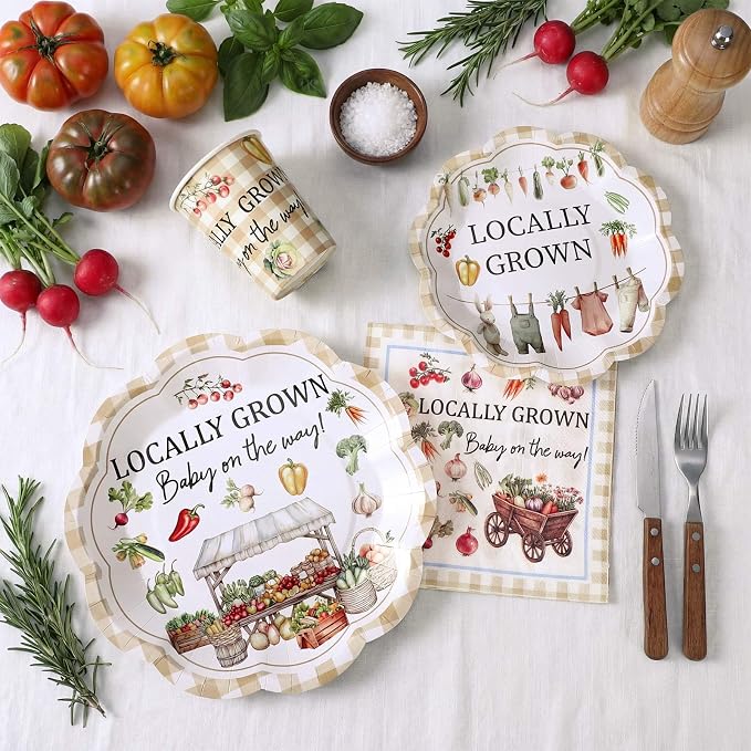 Newtay 250 Pcs Locally Grown Baby Shower Disposable Plates and Napkins Farmers Market Disposable Tableware Set for 50 Guests Vegetable Theme Paper Plates Napkins for Birthday Baby Shower Supplies
