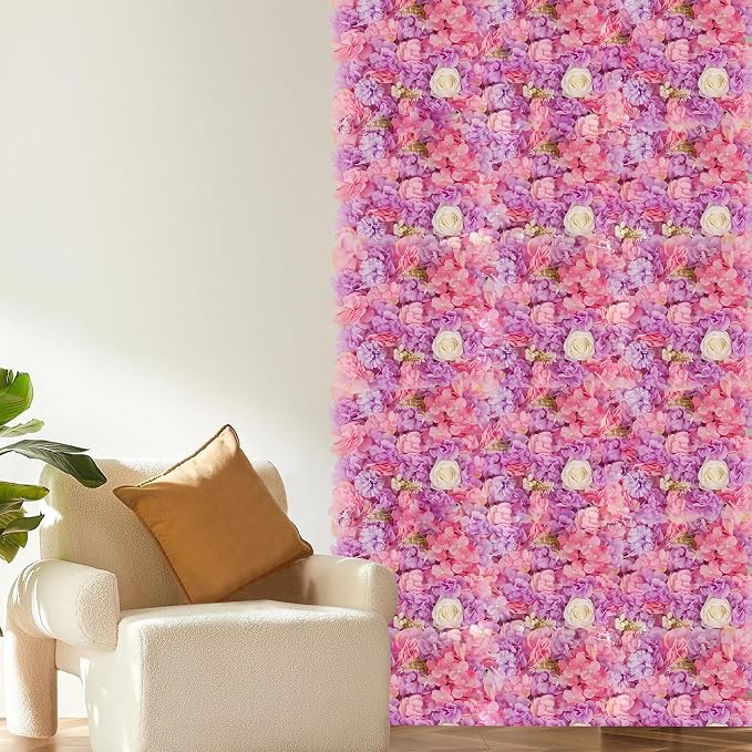 3D Flower Wall Backdrop - 12Pcs 15×15 Inch Artificial Rose Panels Pink & Purple Silk Floral Decor for Home Party Wedding Anniversary Birthday Photographic Studio Background & Decorative Fences