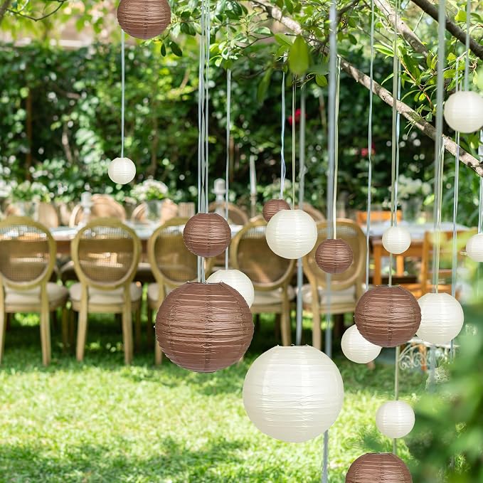 20Pcs Paper Lanterns Decorative, Brown and Ivory Round Hanging Paper Lanterns Decorations for Rustic Party Bridal Shower Wedding Birthday Party Supplies