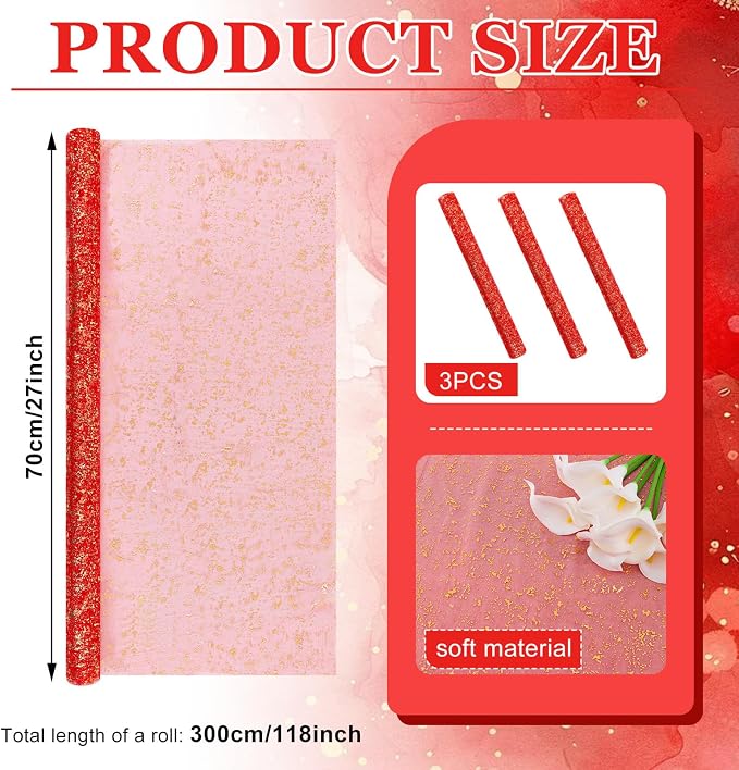 BINBE 3PCS Red Table Runner 10Ft Sheer Chiffon Fabric Cheesecloth Sequin Glitter Table Runner for Wedding Birthday Party Decor