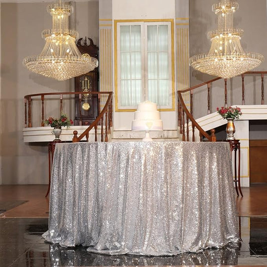 PartyDelight Silver Sequin Tablecloth Round 120 Inch Sparkly Table Cloth