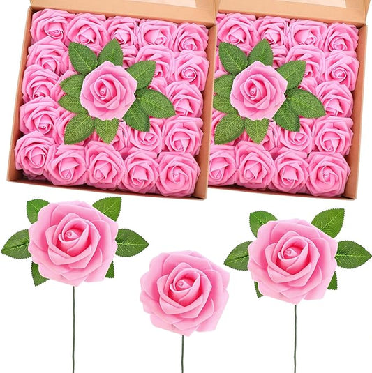 100 Pcs Artificial Foam Rose Flower Faux Bouquet Wedding Fake Rose Gift for Mother's Day Women DIY Bridal Shower Party Table Birthday Home Spring Decor (Bright Pink)