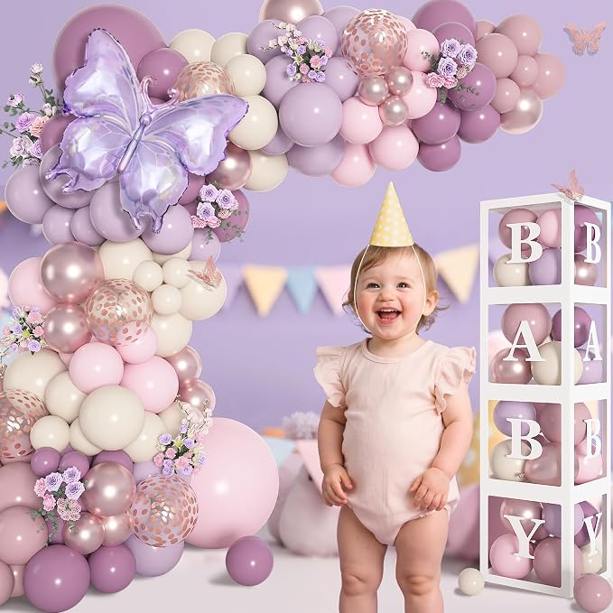 Amandir 153Pcs Purple Baby Shower Decorations for Girl, Double-stuffed Pink Purple Balloon Arch Kit Baby Boxes with Letter Foil Butterfly Balloons Sticker for Birthday Wedding Party Supplies