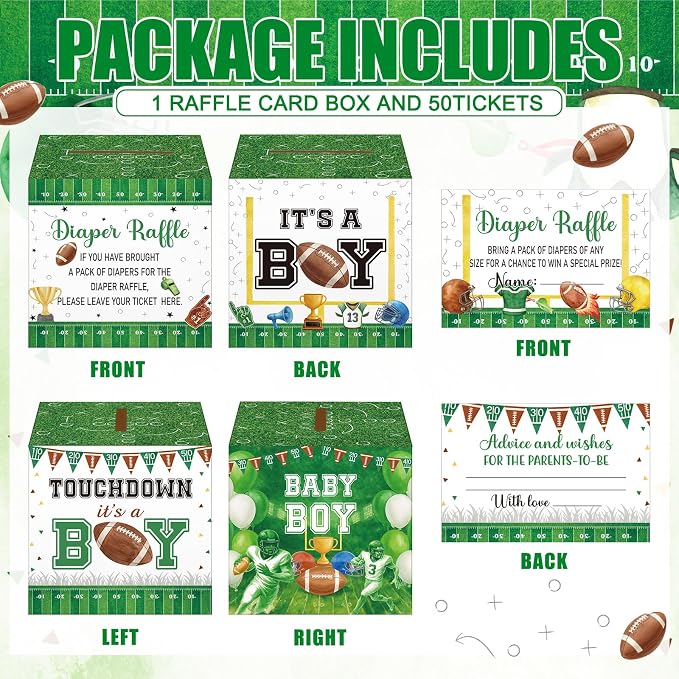 Teling 51 Pieces Diaper Raffle Tickets with Card Baby Shower Decorations Gender Reveal Holder Box for Girl Boy Diaper Raffle Party (Football Touch Down It's A Boy)