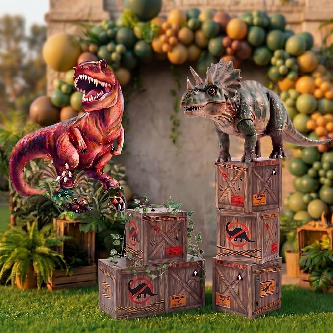 8 Pcs Dinosaur Party Decorations Set Includes 6 Pieces Dinosaur Theme Boxes and 2 Pieces Large Plastic Dino Standup Birthday Decor Photo Booth Prop Backdrop for Dino Party Supplies