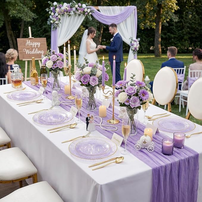 DaYammi 60Pcs Purple Plastic Plates with Gold Rimmed - Purple Disposable Plates Set Including 30pcs Dinner Plates,30pcs Dessert Plates with Radial Texture for Party & Wedding Bridal Shower