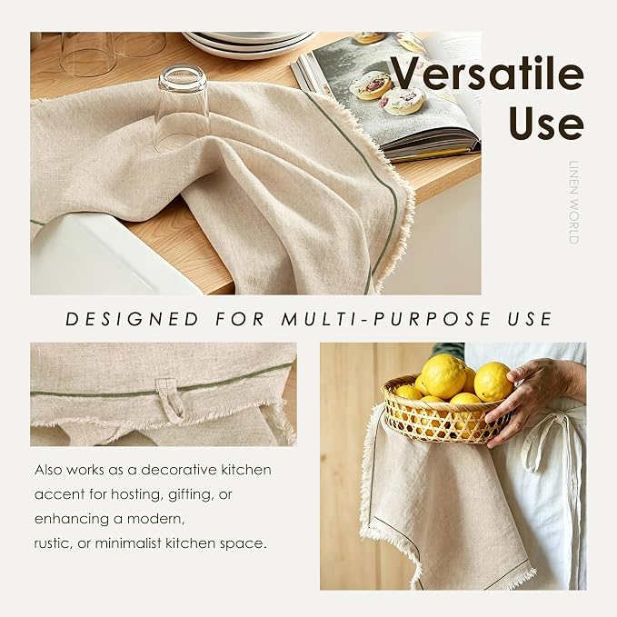 Linen World Dish Towels Set of 4, 20 x 28 Inch Linen Blend Kitchen Towel, Frayed Edge, Embroidered Border, Absorbent Large Tea Towels-Natural