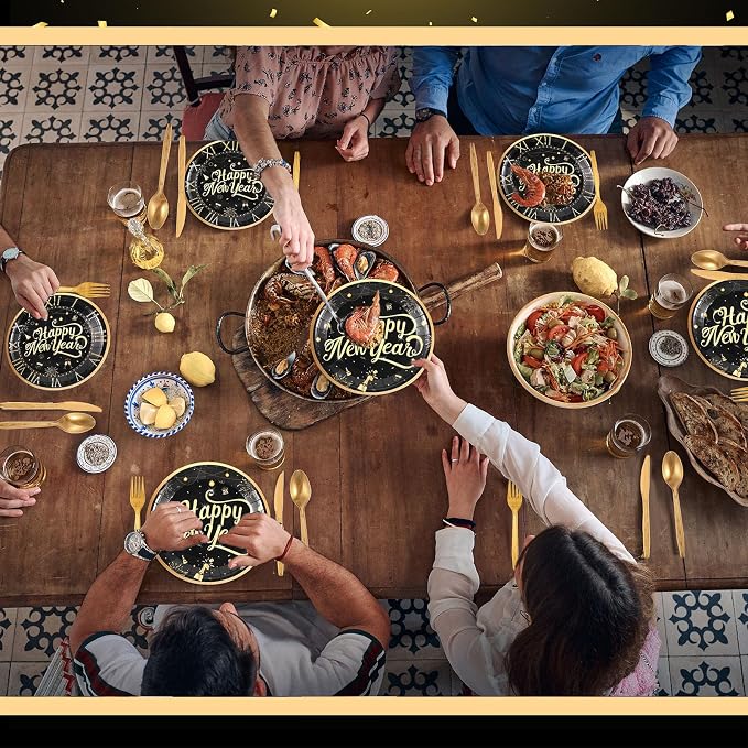 Zhehao 350 Pcs Happy New Year Party Supplies Tableware 2026 New Years Eve Dinnerware Set for 50 Guests Disposable Black Gold Paper Plates, Napkin, Cup, Knife, Fork and Spoon for Celebration(Clock)
