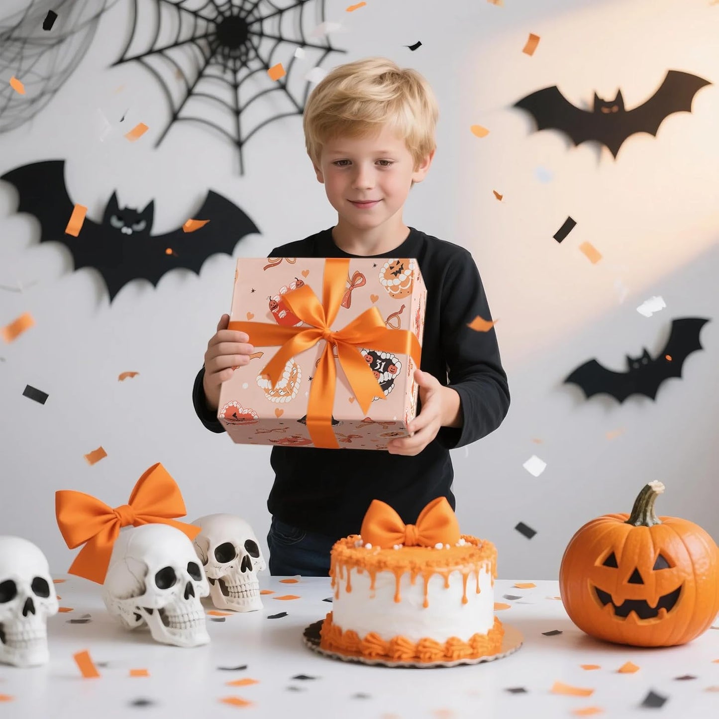 LeZakaa Halloween Cake Wrapping Paper Roll, Cute Halloween Cakes with Ghosts Pumpkins Bows Design, for Trick-or-Treat Party, Girls Women Bakers, Mini Roll 17 in x 16.4 Ft