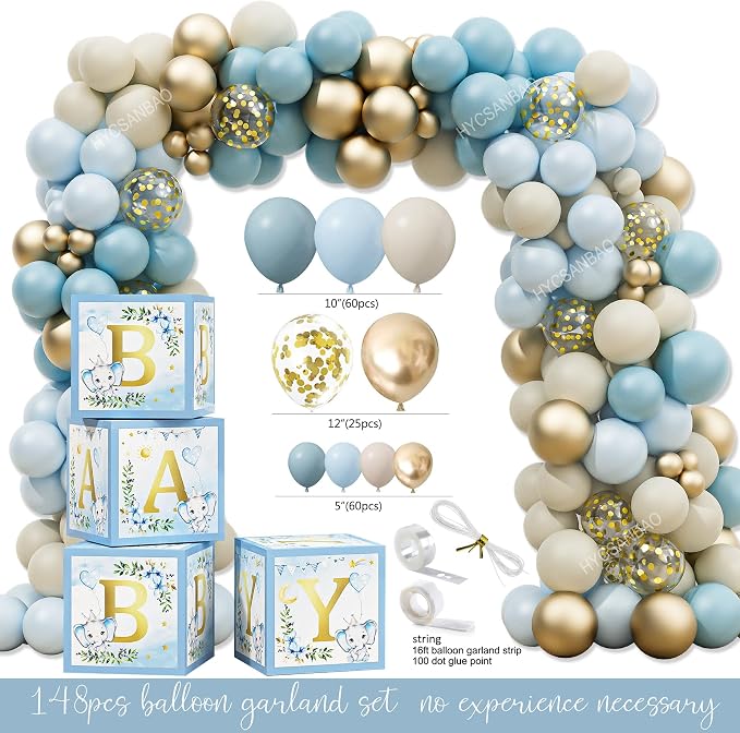 Elephant Baby Shower Decorations for Boy, Blue Elephant Baby Shower Party Supplies, It's a Boy Backdrop Tablecloth Elephant Balloon Arch BABY Box Mom to Be Sash Dad to Be Pin