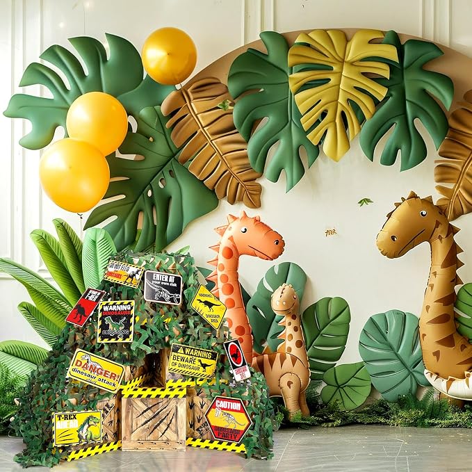 17 Pcs Dinosaur Birthday Party Decorations Set Dinosaur Cardboard Boxes, Stickers and Camouflage Net for Theme Birthday Party Decor Table Centerpieces Supplies