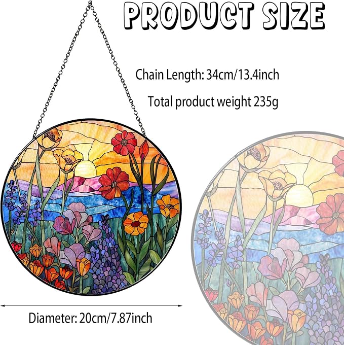 Wildflowers Stained Glass Suncatcher for Window, 7.8in Hanging Decor | Stained glass hanging window suncatcher, colorful sun catcher for indoor window decor and thoughtful gifts for women birthday