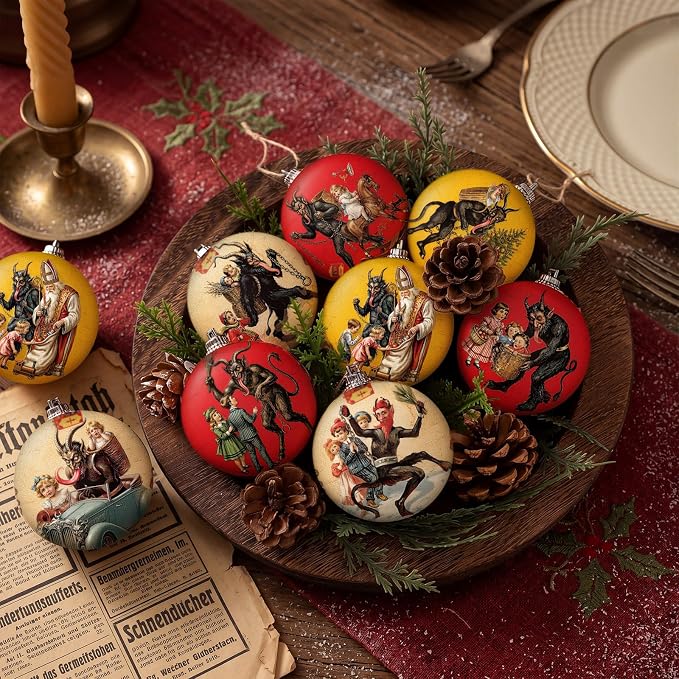 Outus 16 Pcs Vintage Krampus Christmas Ornaments for Tree Vintage Krampus Folklore Decorations Xmas Scary Ball Horror Gothic Dark Christmas Tree Hanging Signs for Home Fireplace Holiday Party Decor