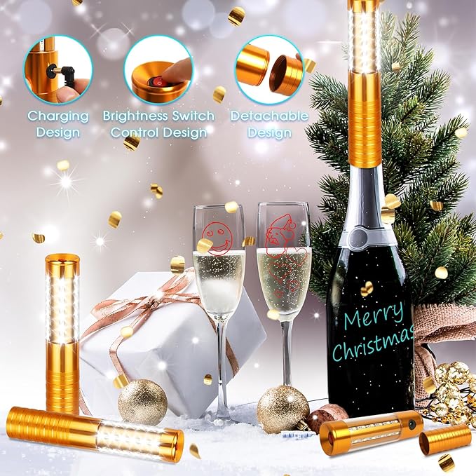 4 Pieces LED Strobe Baton Light Bottle Service Lights Bright Rechargeable Champagne Bottle Handheld Light Topper for Bar Nightclub Wedding Party Concert （Gold）