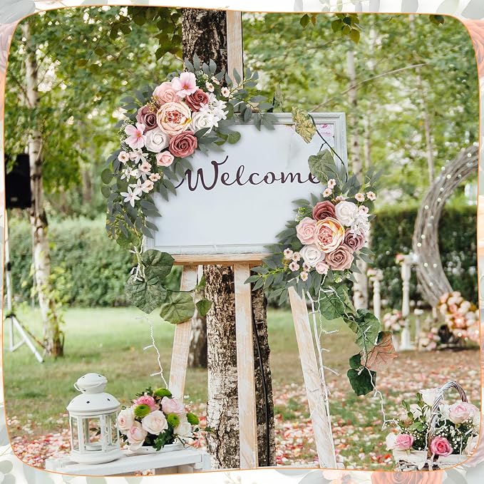 2 Pcs Wedding Arch Decorations - Reusable Artificial Hanging Flowers Floral Swag Greenery Garland for Wedding Welcome Sign Backdrop Bridal Ceremony Reception Backdrop Decoration(Soft Pink)