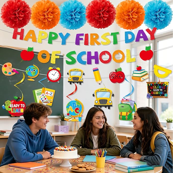 Welcome Back to School Decorations - 15PCS Happy First Day of School Party Banner Hanging Swirls Paper Pompoms, Welcome First Day of Classroom Party Decor Supplies