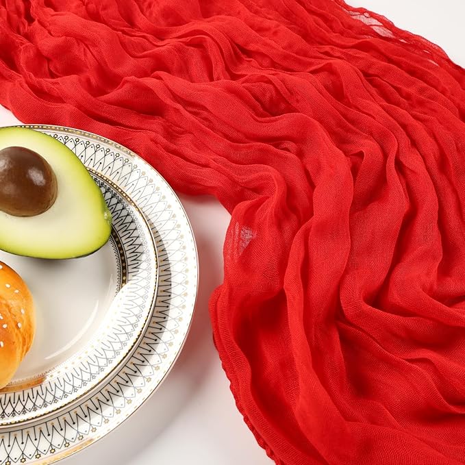 12 Pack 10FT Red Cheesecloth Table Runner 120 Inch Long Gauze Rustic Boho Spring Cheese Cloth Table Runner Sheer Fabric Decorations for Holiday Party Wedding Banquet Bridal Baby Shower Décor