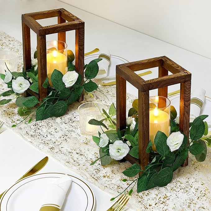 18 Pcs Wooden Lanterns - 6 Wooden Wedding Centerpieces 6 White Roses Candle Wreaths 6 LED Flameless Candles for Rustic Farmhouse Country Wedding Party Table Decor