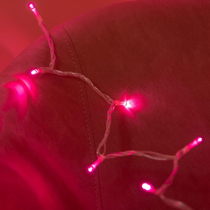 YULETIME 300 Pink String Lights, 100 ft 8 Models Clear Wire Wide Angle LED | 5mm Bulbs, Safe 29V Adapter, Multimode Lighting, Connectable, 100' Total Length, 1-Strand 300 Lights, 4" Spacing