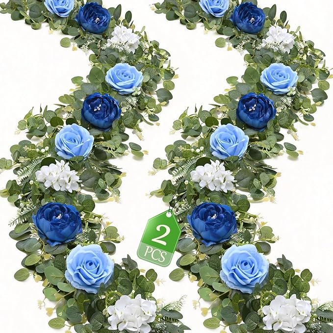 Livole 2Pcs 12 Ft Artificial Flower Garland Fake Blue Rose Peony Floral Garland with Eucalyptus Flower Hanging Vine for Wedding Arch Table Centerpieces Backdrop Party Home Decorations