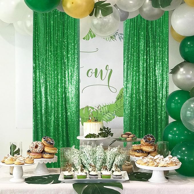 PartyDelight Green Sequin Backdrop Curtains 2x8ft 4 Panels | 3mm stitched sequin curtain with 4 inch rod pocket for 2x8ft 4 panel fuller wall coverage pleated backdrop and 8ft stand