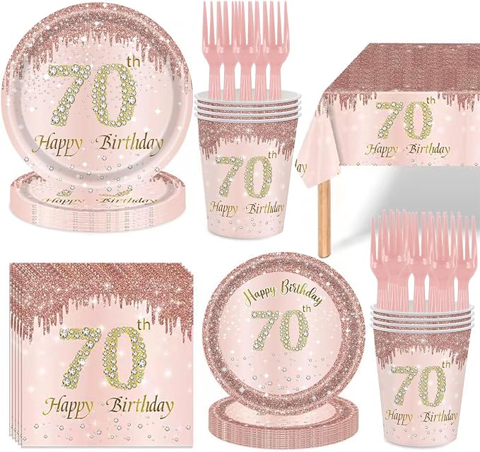 121Pcs 70th Birthday Party Supplies Plates Napkins Cups Forks Tablecloth Rose Gold Happy 70th Birthday Themed Disposable Tableware Decorations Serves 24 Guests for Women 70 Years