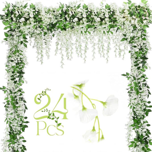 Crowye 24 Pcs 7.2ft/pcs Artificial Flowers Wisteria Garland Artificial Wisteria Vine Hanging Flower Decorations Flower Vines for Outdoor Wedding Wall Arch Party Backdrop Floral Decor (White)
