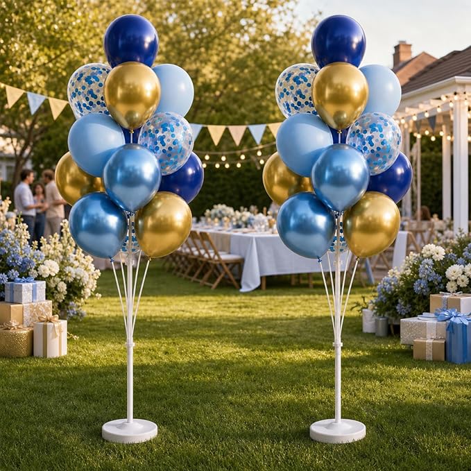 Balloon Column Kit Set of 2, Anti-Tip Sand-Fill Base Balloon Tower Stand with 10" 26pc Blue Gold Confetti Balloons, Height Adjustable for Easter Birthday Wedding Bridal Party Decorations