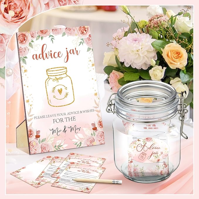 Jetec 74 Pcs Advice and Wishes for the Mr and Mrs 60 Pcs Wedding Advice Cards Advice and Wishes Jar Box Bridal Shower Advice and Wishes Cards for Bride and Groom Bridal Shower Decor(Pink Floral)