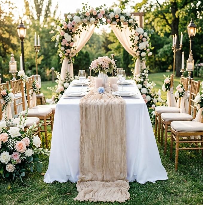 16 Pack Beige Cheesecloth Table Runner 35x120 Inch Boho Gauze Cheese Cloth Table Runners, 10 FT Long Rustic Sheer Table Runners for Wedding Bridal Baby Shower Birthday Party Table Decorations