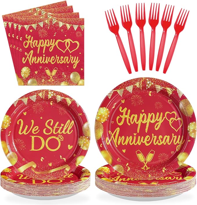 96Pcs Happy Anniversary Party Supplies Red Gold Wedding Plates and Napkins We Still Do Tableware Set for Men Women 40th 50th 60th Wedding Anniversary Party Supplies，Serves 24