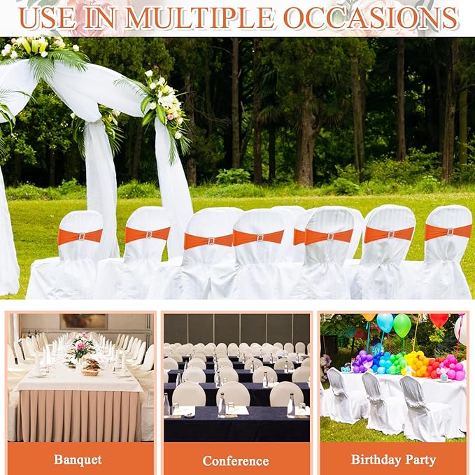 VitalCozy 100 Pcs Spandex Chair Sashes with Square Buckle Slider Stretch Chair Cover Band Universal Elastic Ties Straps Bows for Wedding Banquet Event Party Decoration(Orange)