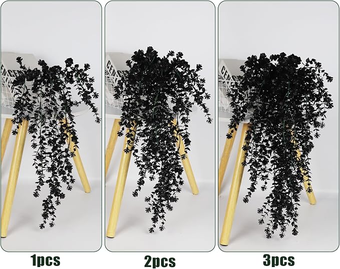 RECUTMS Black Hanging Flowers Faux Hanging Plants Black Artificial Hanging Plant Fake Greenery Faux UV Resistant Hanging Vines Plant for Indoor Outdoor Wedding Halloween Party Fall Wall Decor 3 Packs