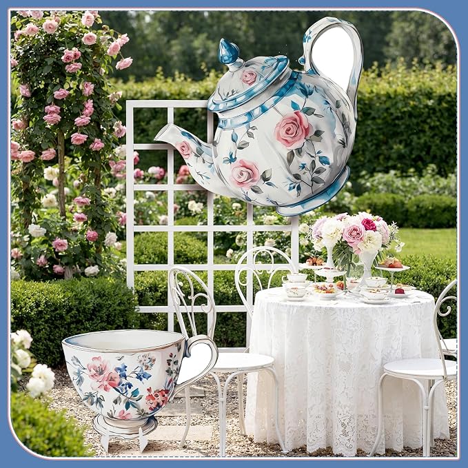 2 Pcs Large Wonderland Tea Party Decoration 23'' x 27'' Wonderland Garden Yard Sign Life Size Teapot Teacup Cardboard Cutout Stand Vintage Photo Prop for Birthday Wedding Bridal Shower Decor