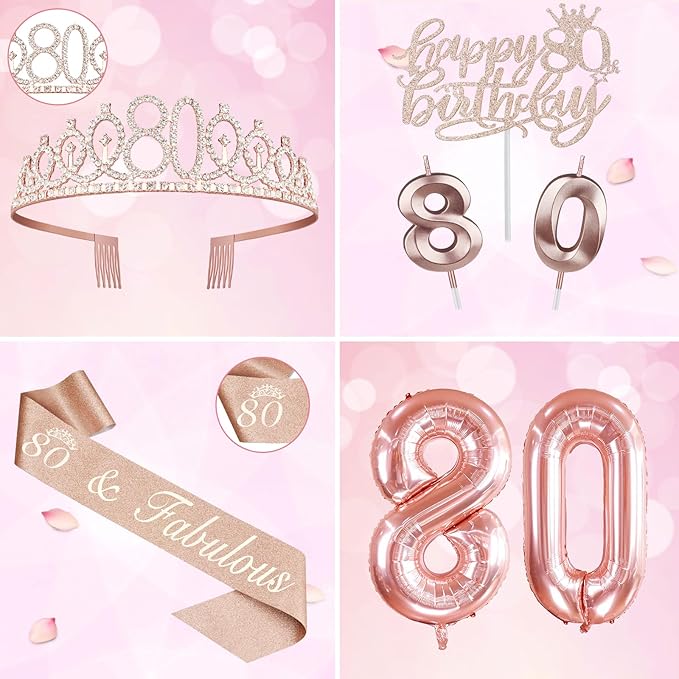 80th Birthday Decorations for Women, Include 80th Birthday Sash and Tiara, Cake Topper and Candles, Number Balloons, Greeting Card, 80 Year Old Gifts for Women