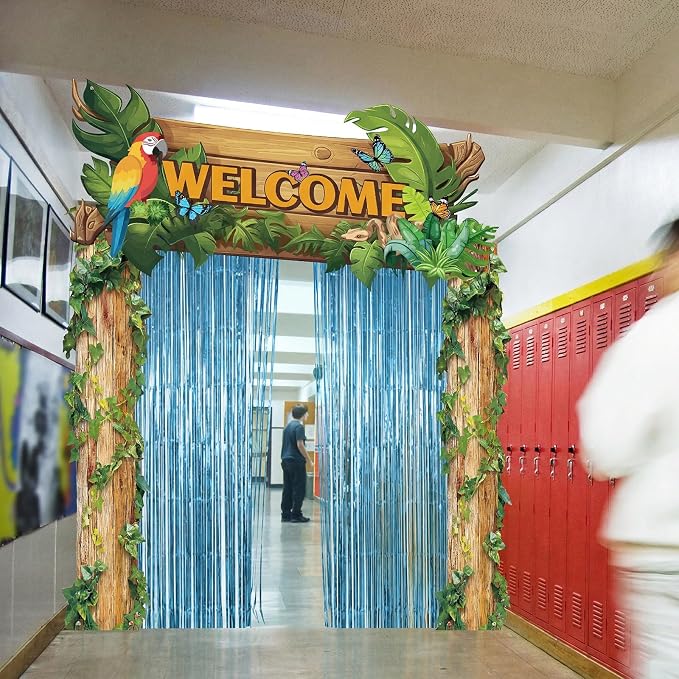 Peryiter 5 Pcs Rainforest Jungle Party Decorations Set - Welcome Arch, Tree Trunk Banners, Tinsel Curtains, Double-sided Tape for Tropical Theme Birthday, Photo Booth & Event Backdrop