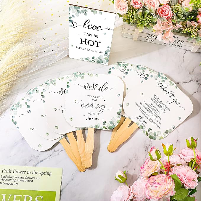 Fumete Wedding Favors for Guests 50 Pcs Wedding Fans and 1 Pc Table Sign Portable Paper Fan with Wooden Handle Hand Fan for Bridal Shower Party Favor Appreciation Gift(Greenery)