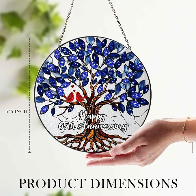 65th Wedding Anniversary Stained Glass Suncatcher, 6x6' Anniversary Decorations, 65th Celebration Marriage Gifts for Parents, Couple, Wife & Husband, 65 Wedding Milestone Keepsake