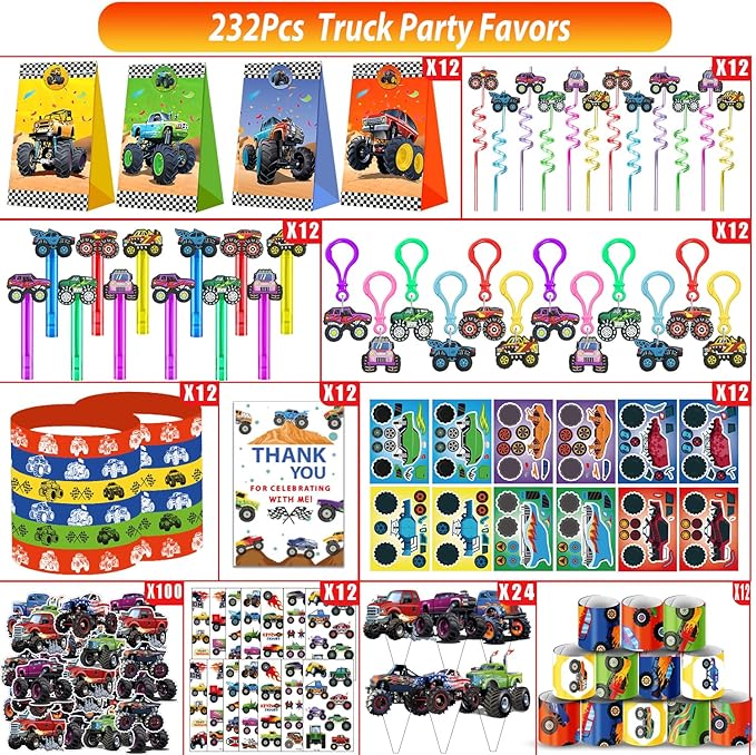 PLOUGVI 232 PCS Party Favors for Truck Birthday Decorations Supplies Truck Party Stuff for Party Goodie Bag Stuffer Pinata Filler Gifts