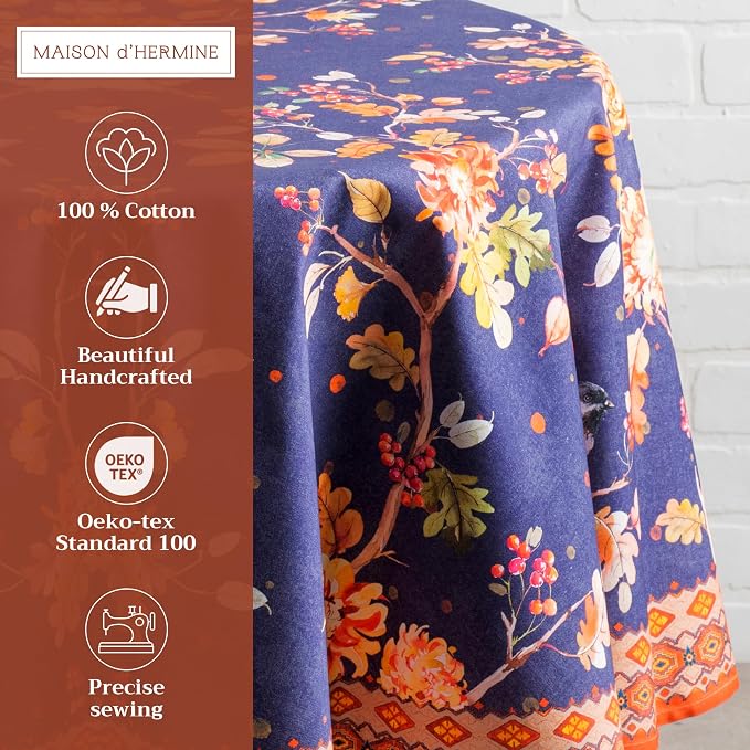 Maison d' Hermine Table Cloth Round Table 100% Cotton 63 Inches Fall Tablecloth Reusable Everyday Use for Thanksgiving Christmas Decorations Dining Farmhouse Party (Kelim - Infinity)